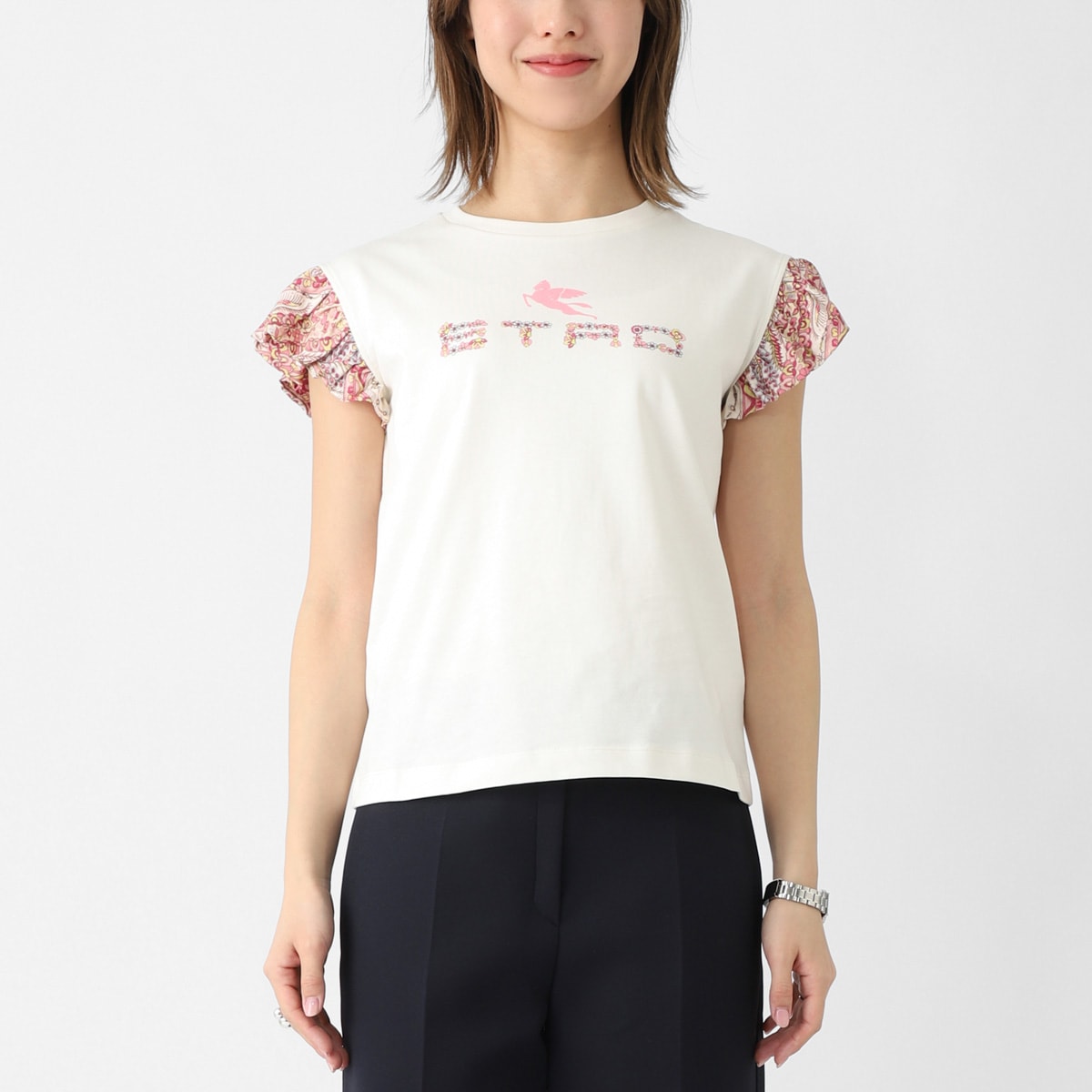 ETRO エトロ クルーネックTシャツ/KIDS キッズ ガールズ/プリントロゴ ペガソ刺繍 フリル袖 レディース