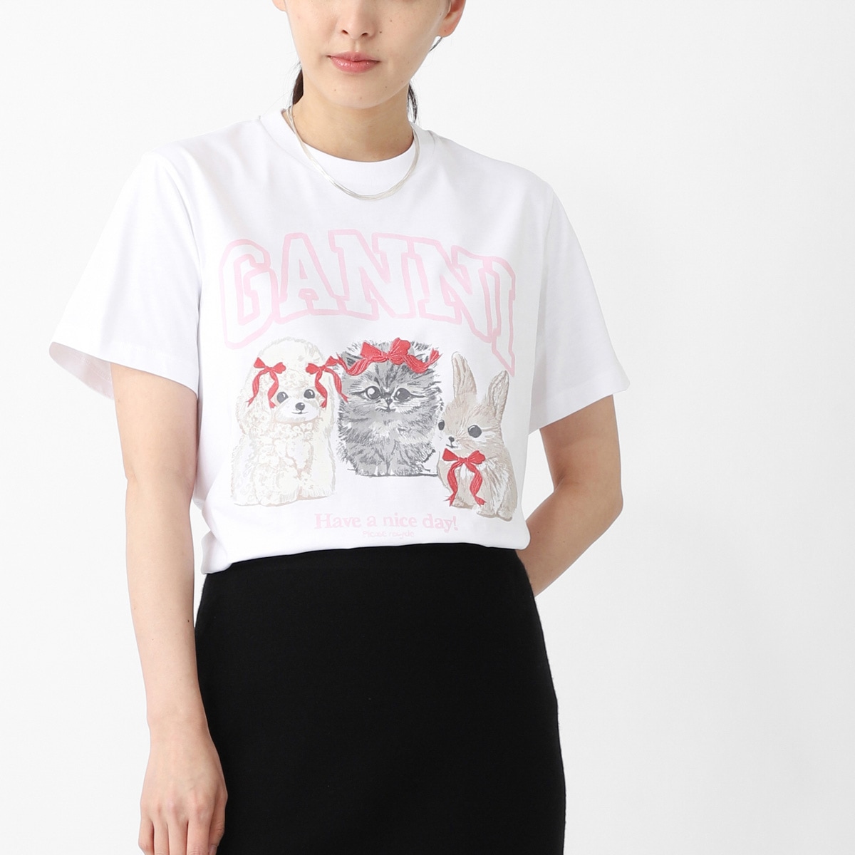GANNI ガニー クルーネックTシャツ/BASIC COTTON JERSEY CUTE ANIMALS ロゴT アニマルプリント レディース