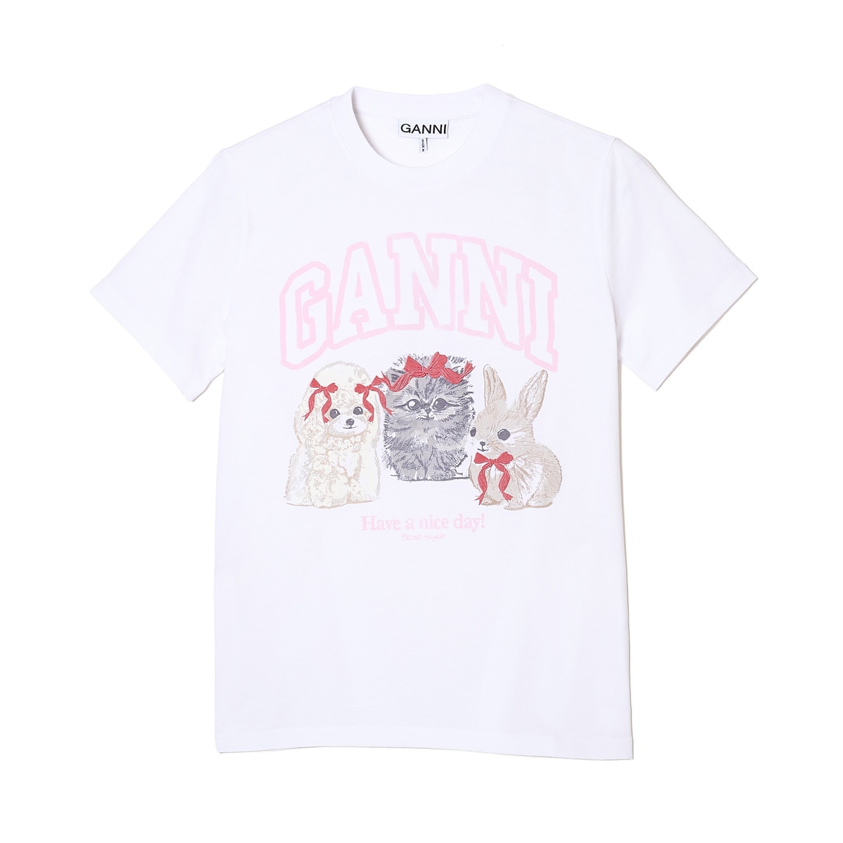 GANNI ガニー クルーネックTシャツ/BASIC COTTON JERSEY CUTE ANIMALS ロゴT アニマルプリント レディース