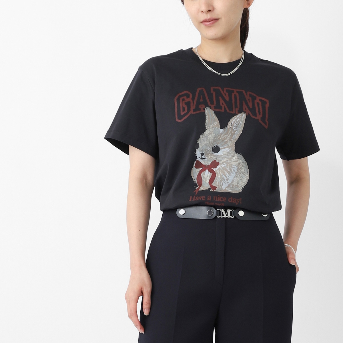 GANNI ガニー クルーネックTシャツ/BASIC COTTON JERSEY T-SHIRT ロゴT バニーグラフィック レディース