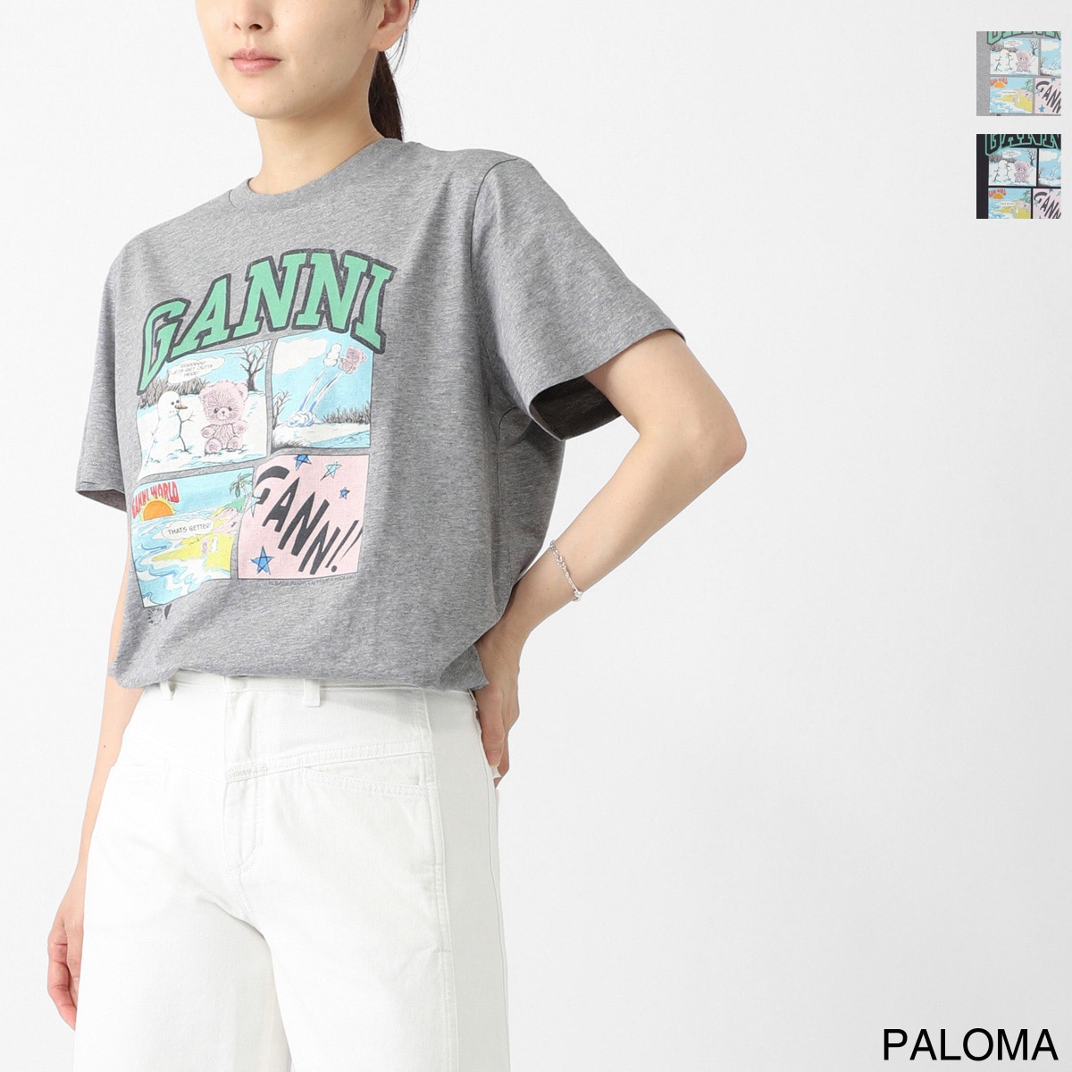GANNI ガニー クルーネックTシャツ/BASIC COTTON JERSEY BEAR COMIC TEDDY ロゴT レオパード レディース