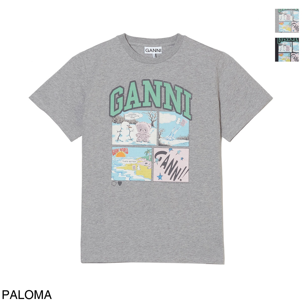GANNI ガニー クルーネックTシャツ/BASIC COTTON JERSEY BEAR COMIC TEDDY ロゴT レオパード レディース