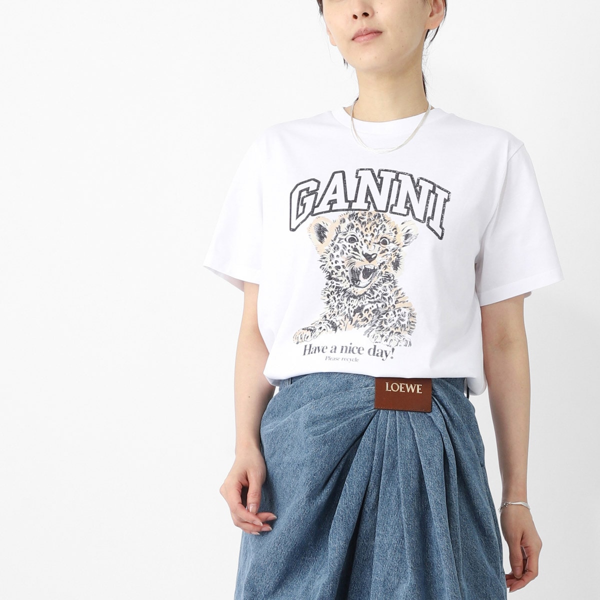 GANNI ガニー クルーネックTシャツ/BASIC JERSEY LEOPARD RELAXED T-SHIRT ロゴT レオパード レディース