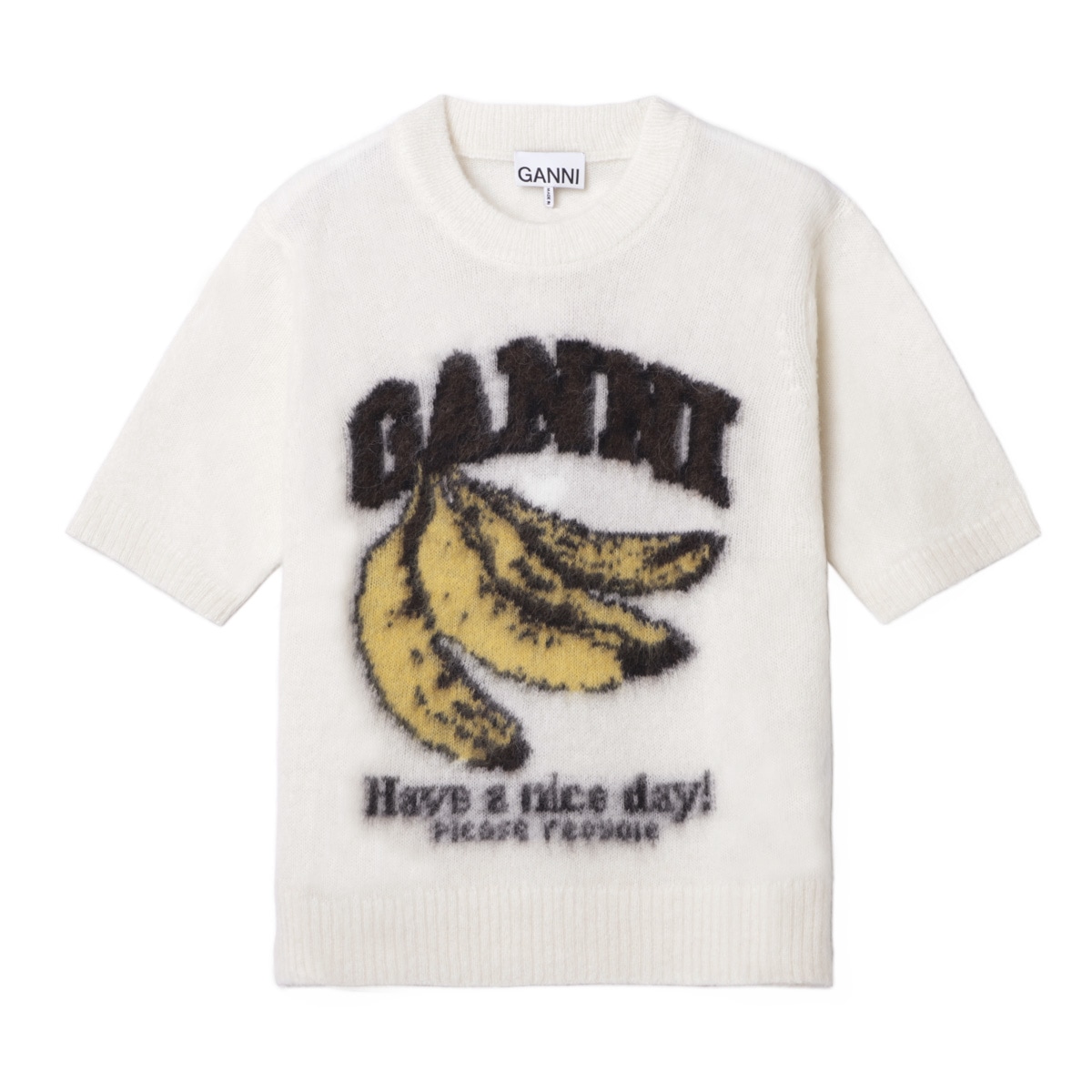GANNI ガニー クルーネック半袖ニット/BRUSHED ALPACA GRAPHIC T-SHIRT 半袖ニット バナナ ロゴ アルパカ混 レディース