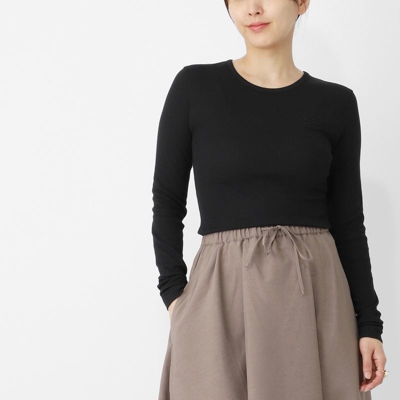 GANNI ガニー クルーネック 長袖Tシャツ/ロングスリーブTシャツ/Soft Cotton Rib Longsleeve Top ワンポイント バタフライロゴ 刺繍 レディース