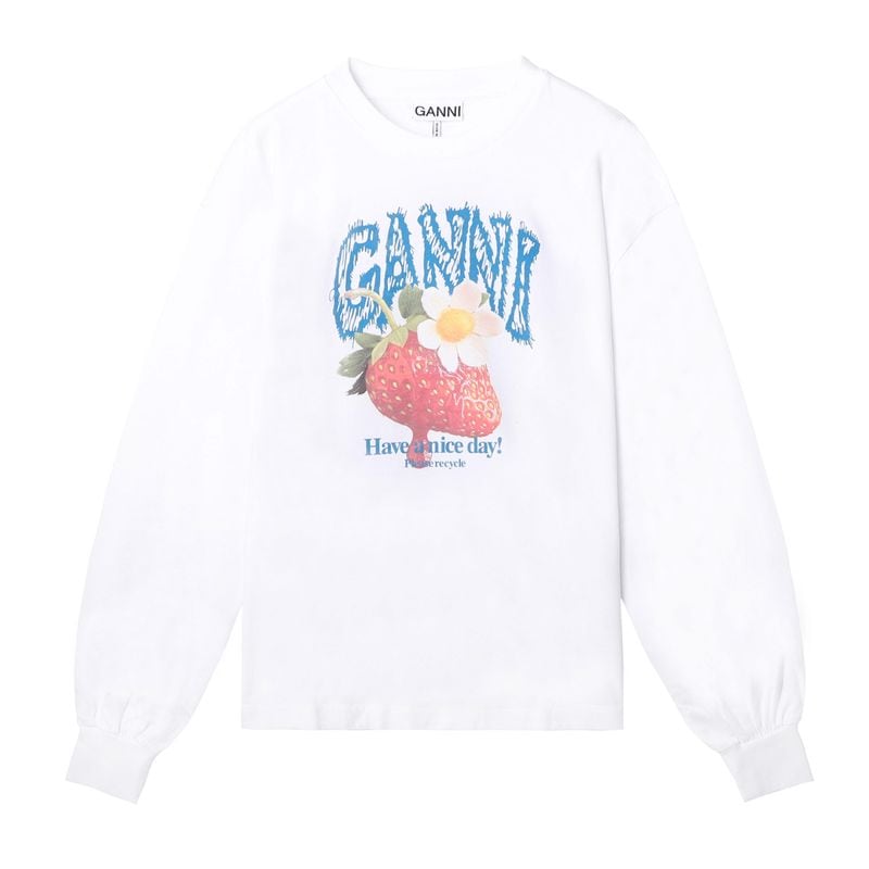 GANNI ガニー クルーネック 長袖Tシャツ/ロングスリーブTシャツ/Basic Cotton Jersey Longsleeve Strawberry イチゴ ロゴ スウェットシャツ トレーナー レディース