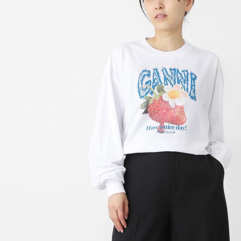 GANNI ガニー クルーネック 長袖Tシャツ/ロングスリーブTシャツ/Basic Cotton Jersey Longsleeve Strawberry イチゴ ロゴ スウェットシャツ トレーナー レディース