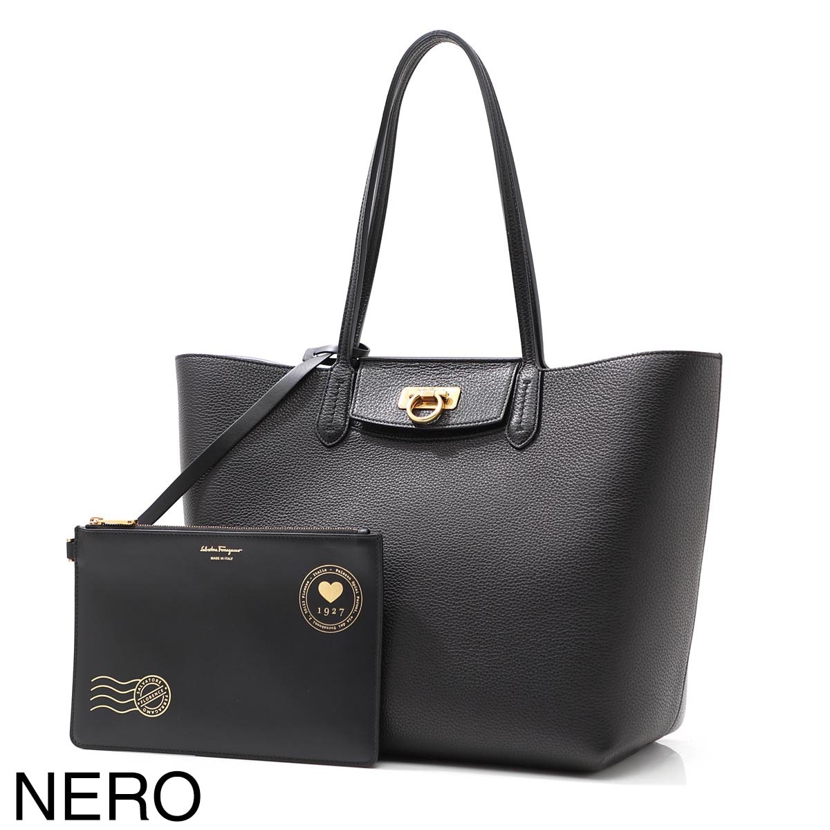 【美品】サルヴァトーレフェラガモ　トートバッグ　フリンジ　ロゴ型押し　ブラック サルバトーレフェラガモ Salvatore Ferragamo FERRAGAMO