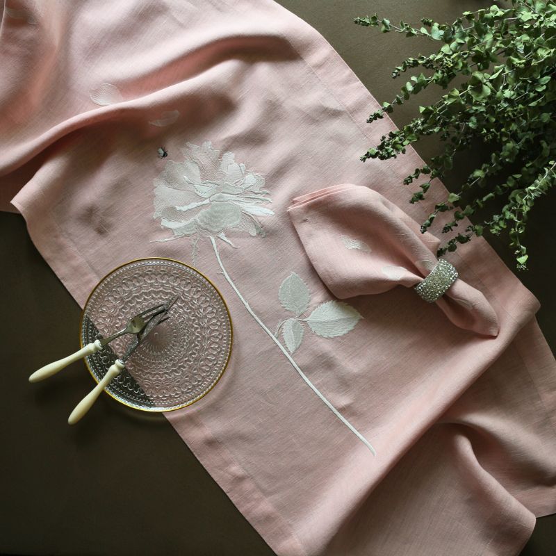 ヴィンテージ フランス ラズベリー＆桜ピンク織刺繍 リネンプレイス