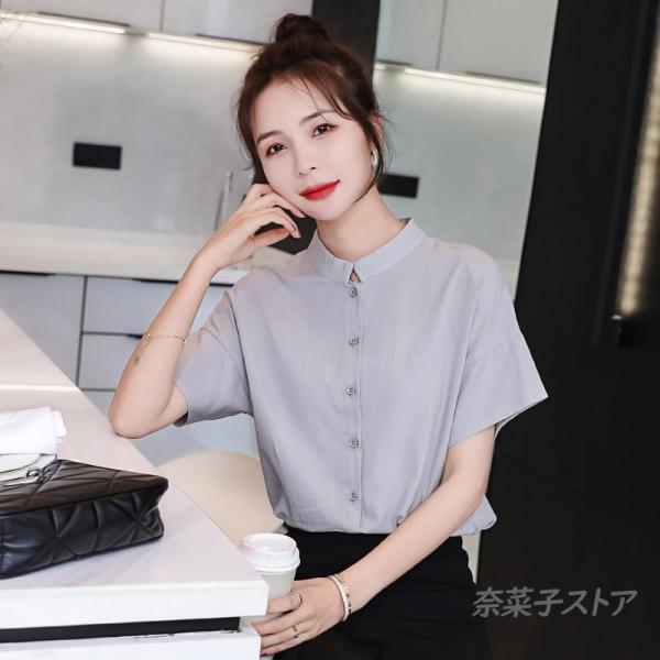 【plantation】フレンチスリーブ シャツ ブラウス 春夏 春服 夏服 接触冷感 ブラウス レディース シャツ 半袖 バンドカラー フレンチ