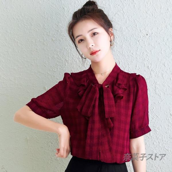 ビュルデサボン　　赤チェックフリルブラウス AMBIDEX Store △〇 60 / 1 チェック 丸襟ブラウス(F アオ