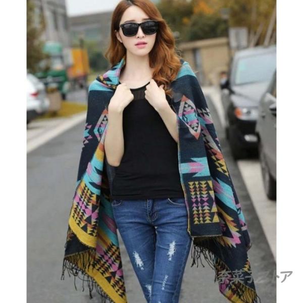 プチプラポンチョ ストール 大判 マント フード付き オルテガ柄  