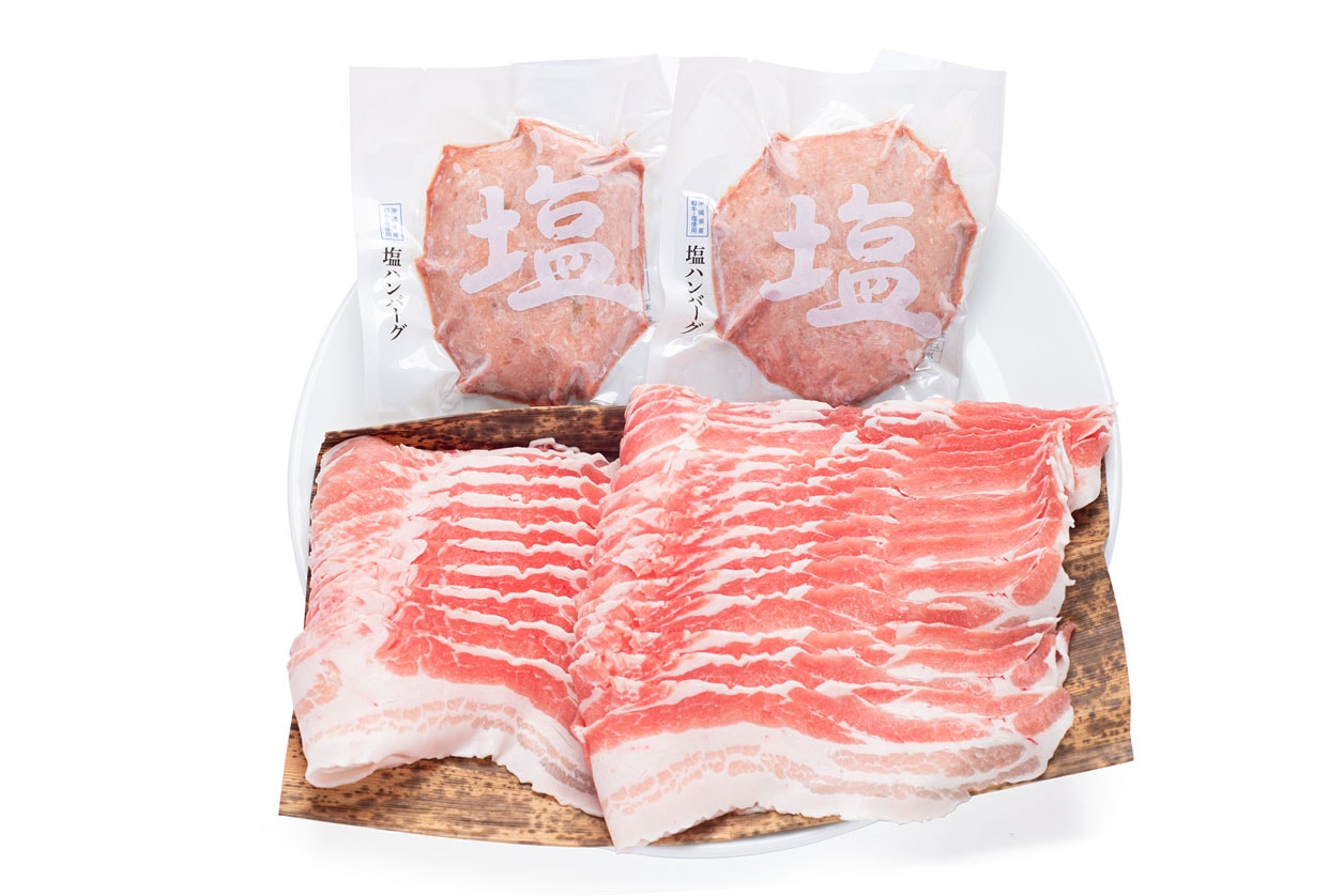 【セット】沖縄県産 黒毛和牛 塩ハンバーグ2個と琉球長寿豚 バラしゃぶしゃぶ500g　各専用塩付き　