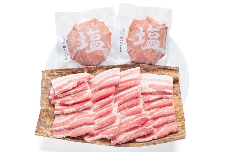 【セット】沖縄県産 黒毛和牛 塩ハンバーグ2個と琉球長寿豚 バラ焼き肉500g　各専用塩付き　
