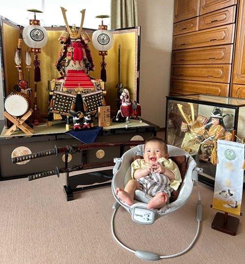 名前旗　家紋入り　立湧紋に双鶴　135×400　白　