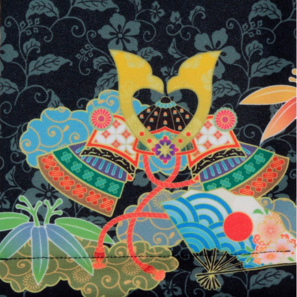 名前旗　兜と軍扇　唐花唐草紋　135×400　黒