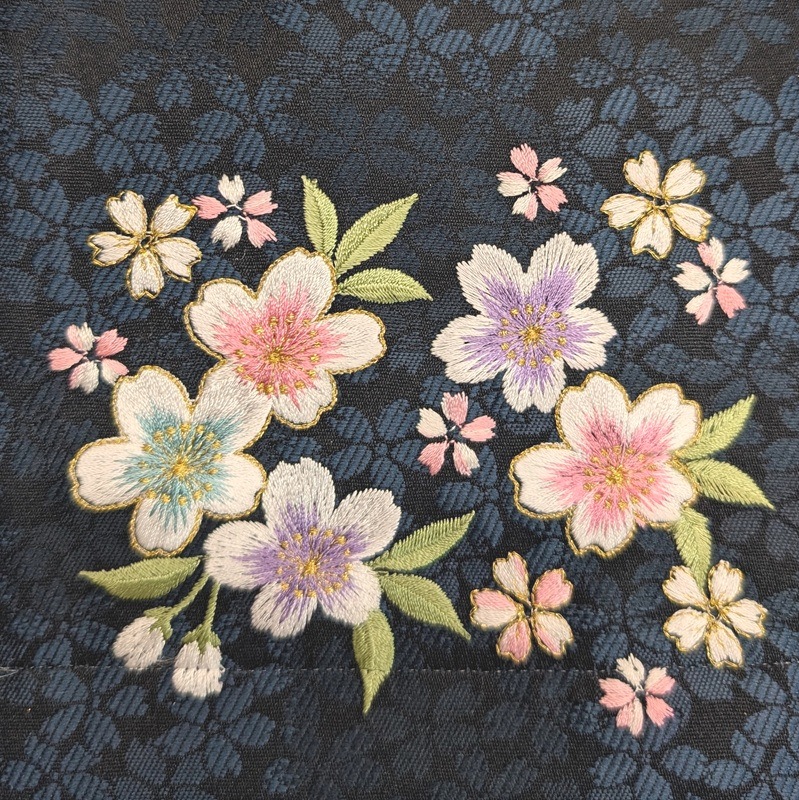 名前旗　家紋入り　紺地桜紋透かし市松　刺繍桜　135×400　紺