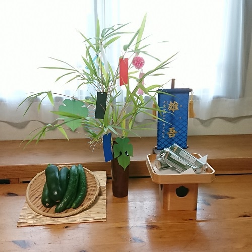 名前旗 家紋入り 花車 小葵七宝紋 135×400 緑青