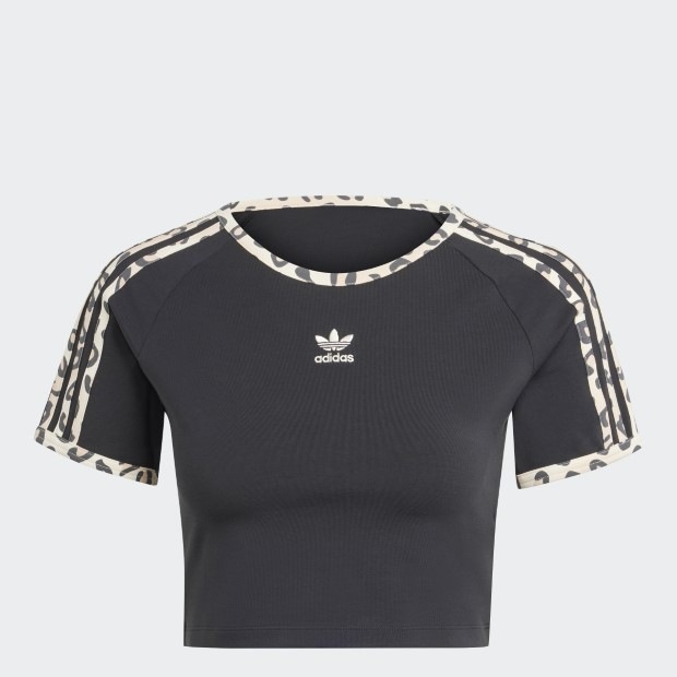 adidas★レオパード 3ストライプ Tシャツ レディース レオパード リュクス ベビー半袖Tシャツ ブラック