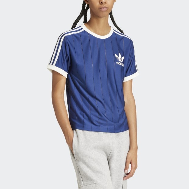 新品 女子M】アディダス adidas 半袖tシャツ　ライトブルー青紺 レディース スリーストライプス半袖Tシャツ ダークブルー
