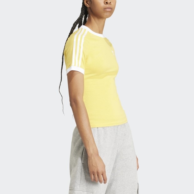 レディース スリーストライプス スリムラグラン半袖Tシャツ　ボールドゴールドメランジ　