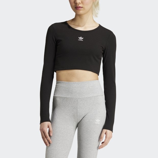 レディース エッセンシャルズ リブ クロップ 長袖Tシャツ　ブラック　