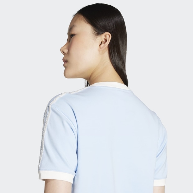 TOMO KOIZUMI ラッフルスリーブ Tシャツ M ホワイト×ブルー レディース ADIDAS ORIGINALS ラッフル スリーストライプス 半袖T