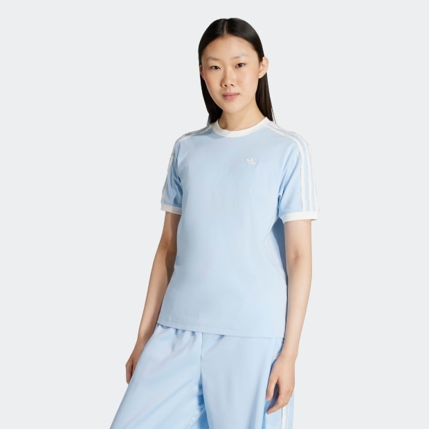 レディース ADIDAS ORIGINALS ラッフル スリーストライプス 半袖Tシャツ  クリアスカイ