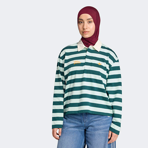 レディース アディダス オリジナルス ATHL DEPT ストライプ ロングスリーブ グラフィック ポロTシャツ　オーロラアイビー×グリーンティント　|レディース・ウィメンズ|アパレル