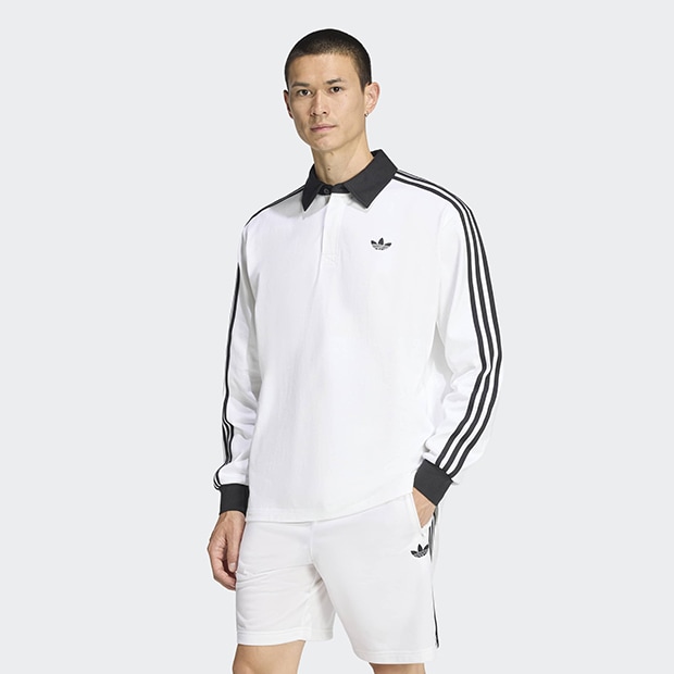 アディカラー スリーストライプス ラグビー 長袖ポロ　ホワイト　