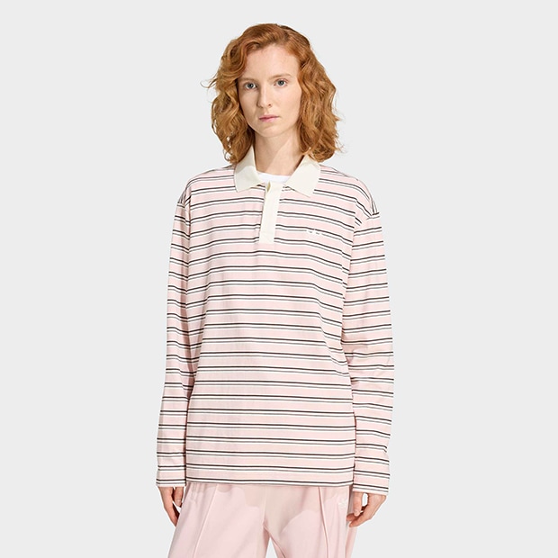 レディース ストライプ OVZD 長袖 ポロシャツ　サンディピンク　