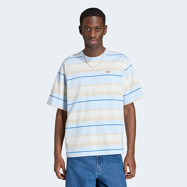 メンズ ストライプ クルーネック 半袖 Tシャツ クリスタルスカイ