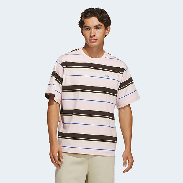 メンズ ストライプ クルーネック 半袖 Tシャツ サンディピンク