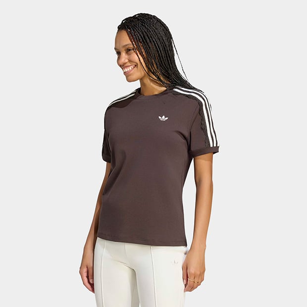 レディース レース スリーストライプス 半袖 Tシャツ　ナイトブラウン　