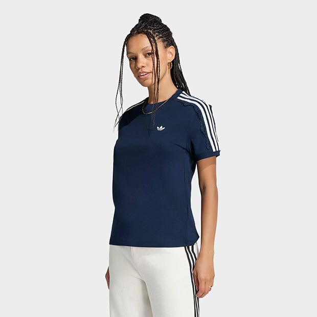 レディース レース スリーストライプス 半袖 Tシャツ　カレッジネイビー　