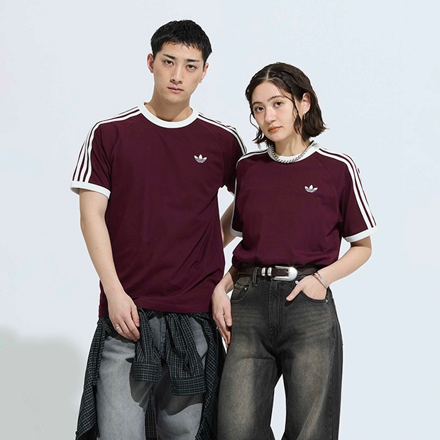 メンズ アディカラー スリーストライプ 半袖 Tシャツ　マルーン　
