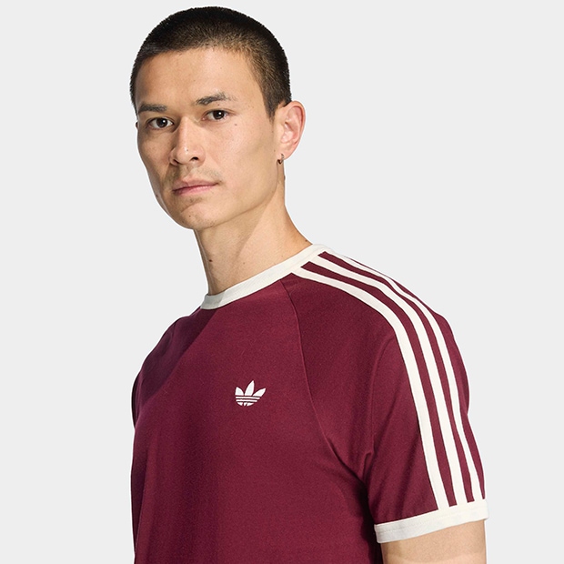 メンズ アディカラー スリーストライプ 半袖 Tシャツ マルーン
