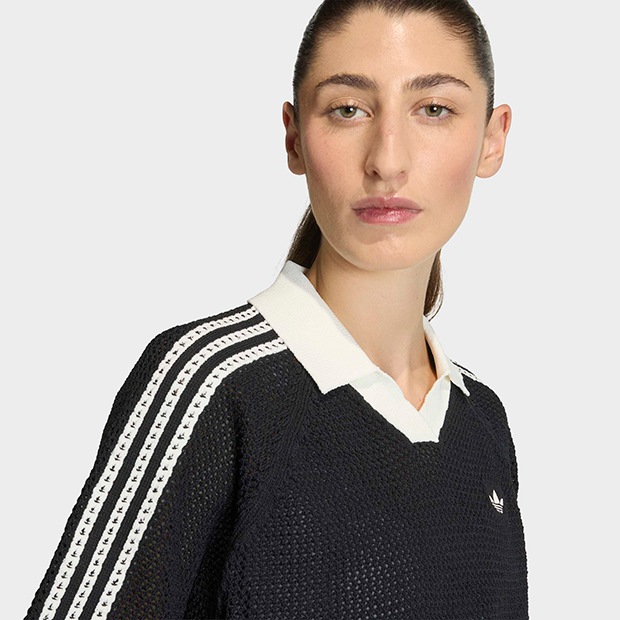 adidas ニットポロシャツ XL レディース アディカラー ニット かぎ針編み ポロ ブラック ｜すべての