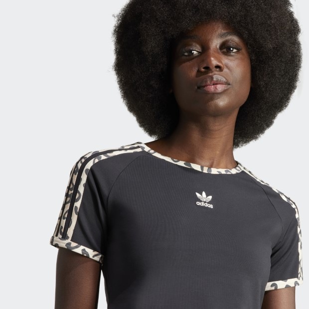 adidas★レオパード 3ストライプ Tシャツ レディース レオパード リュクス ベビー半袖Tシャツ ブラック
