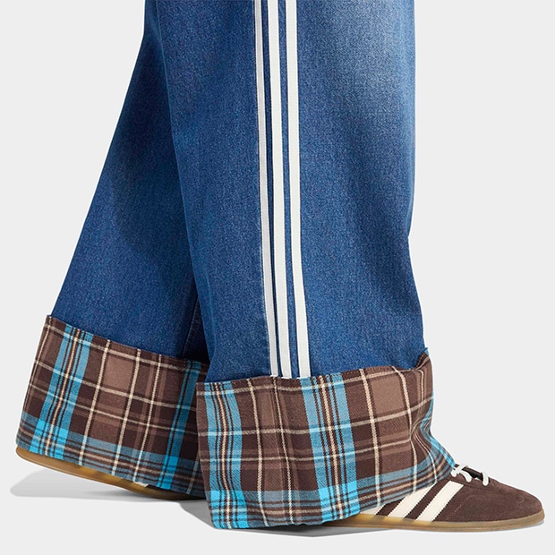 新品25⭐️adidas チェック ビンテージ ワイド レッグ パンツ インディゴ レディース チェック シーム付きビンテージ ワイド レッグ ジーンズ