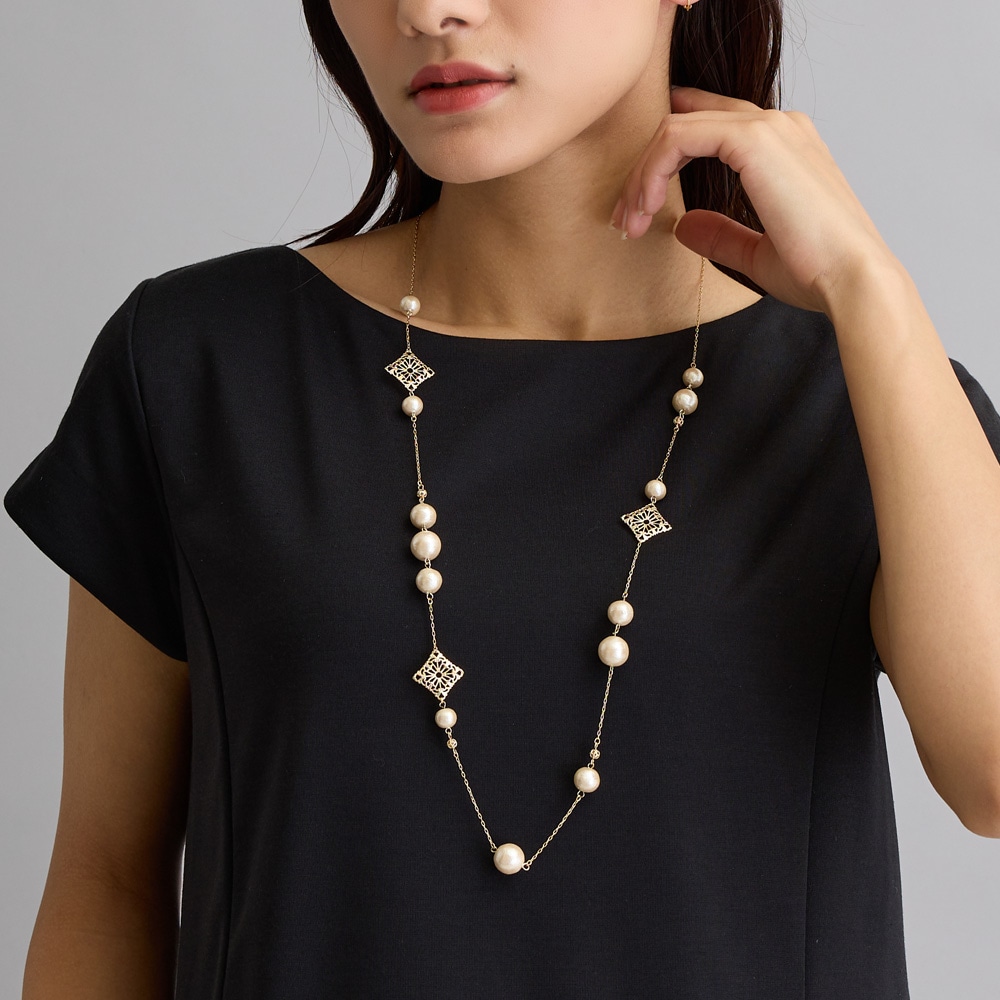 日本製 送料無料 コットンパール透かしモチーフロングネックレス