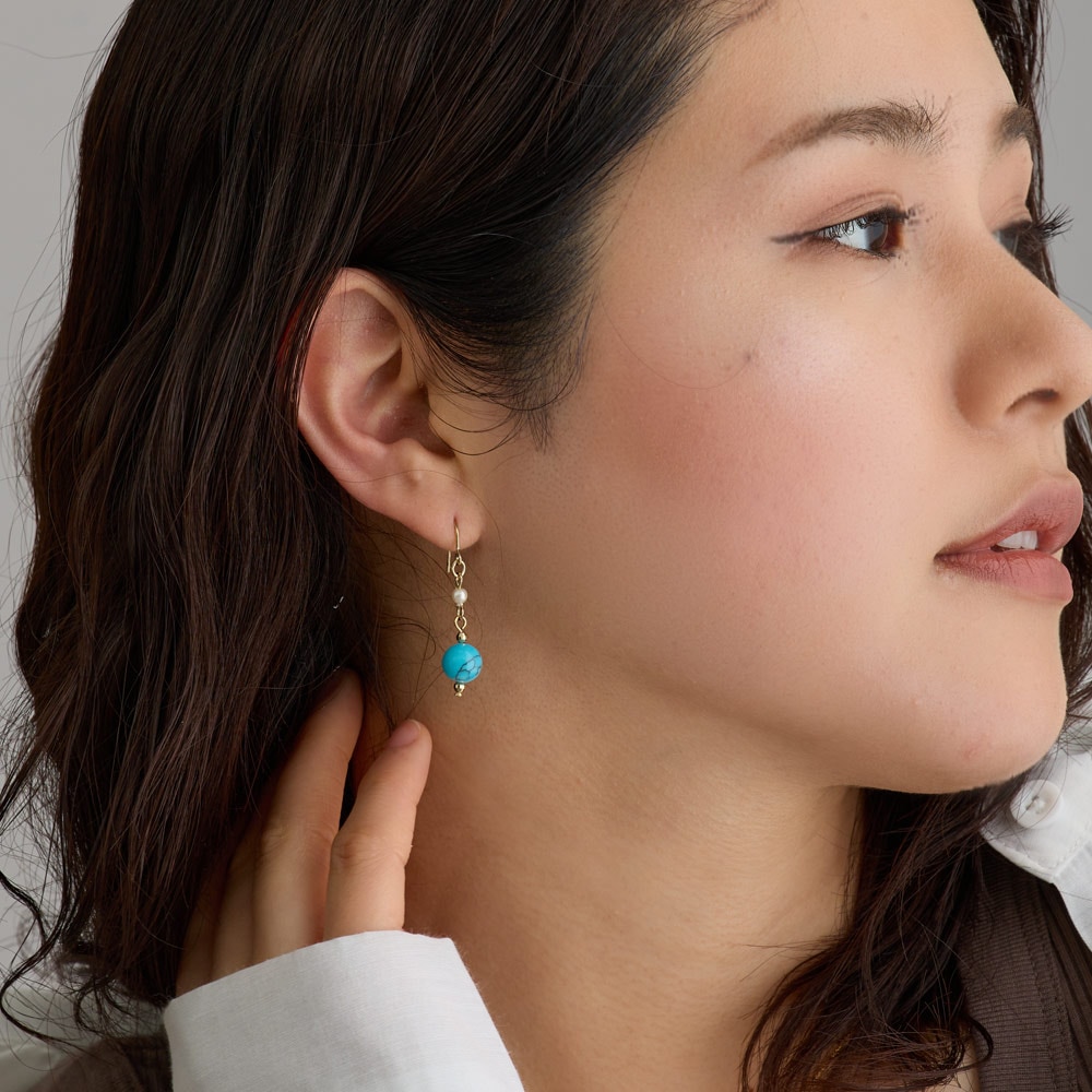 日本製 K18GP ターコイズパールノンホールピアスイヤリング/ピアス