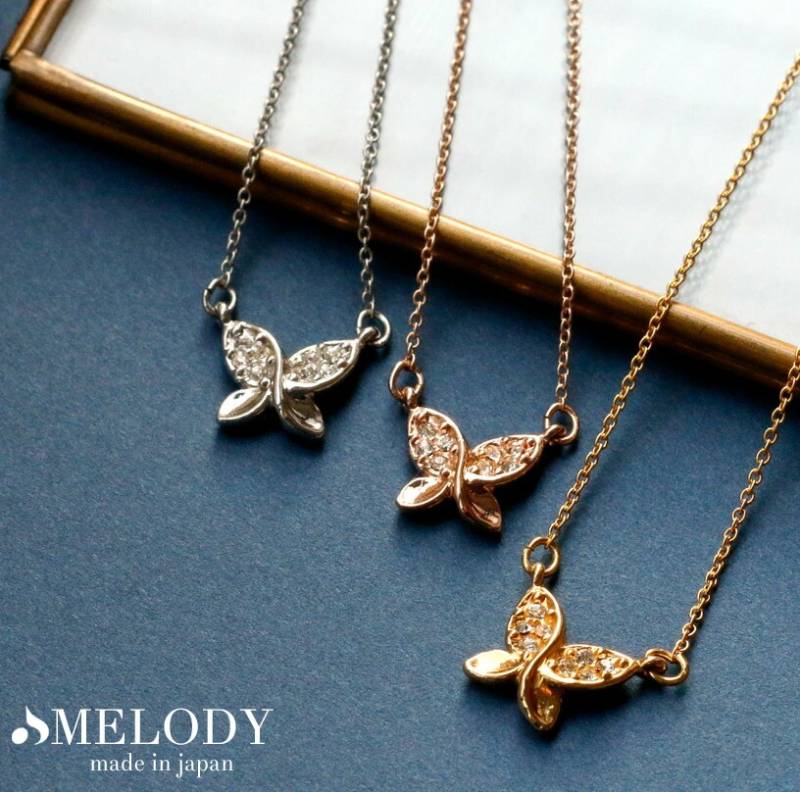 Triple Butterfly(蝶)ゴールド ネックレス ネックレス K18 バタフライ 蝶々 日本製 パヴェ ペンダント