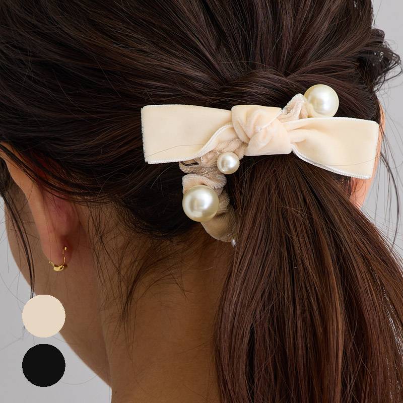 ベロア リボン パール シュシュ 黒 ヘアゴム 送料無料 | ヘアー