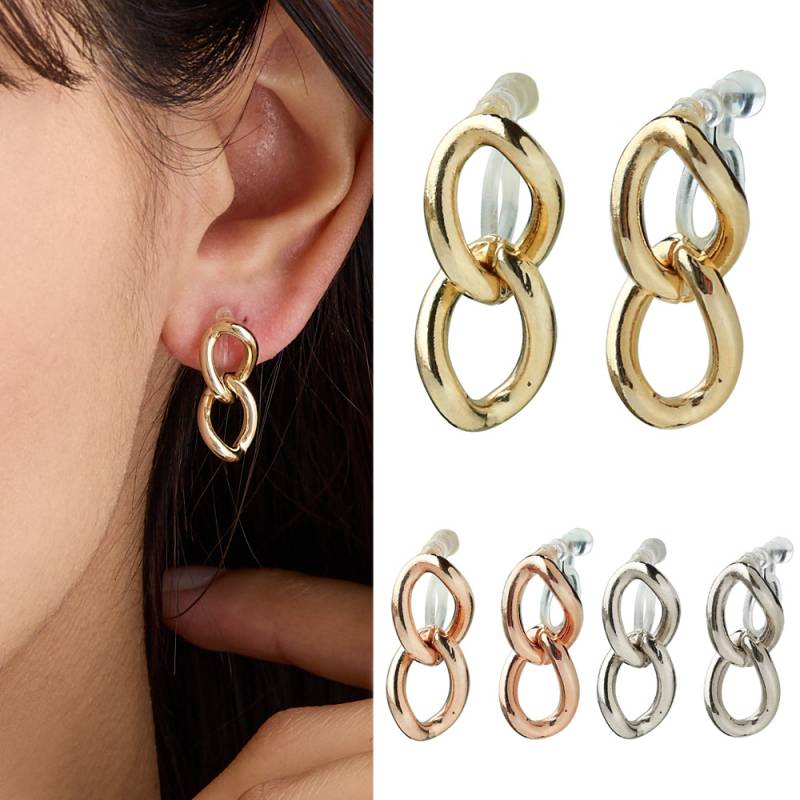 日本製 オーバル2連チェーンイヤリング/ノンホールピアス | イヤリング