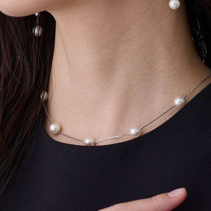 日本製 ステーションパール ダイヤカットチェーンネックレス