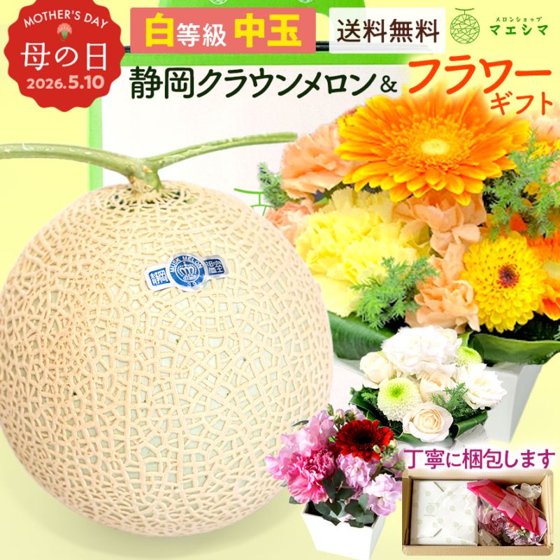 クラウンメロン+フラワーアレンジメントセット 【並(白等級)】中玉(1.3kg前後)1玉入り