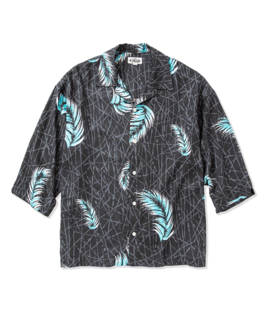 3/4 SLEEVE ALLOVER FEATHER PATTERN R/P DROP SHOULDER SHIRT【BLACK 】
