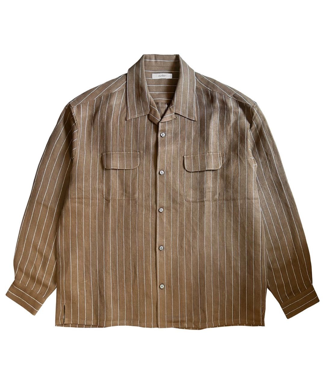 RAYON/HEMP PINSTRIPE OPEN COLLAR SHIRT【BROWNxWHITE】