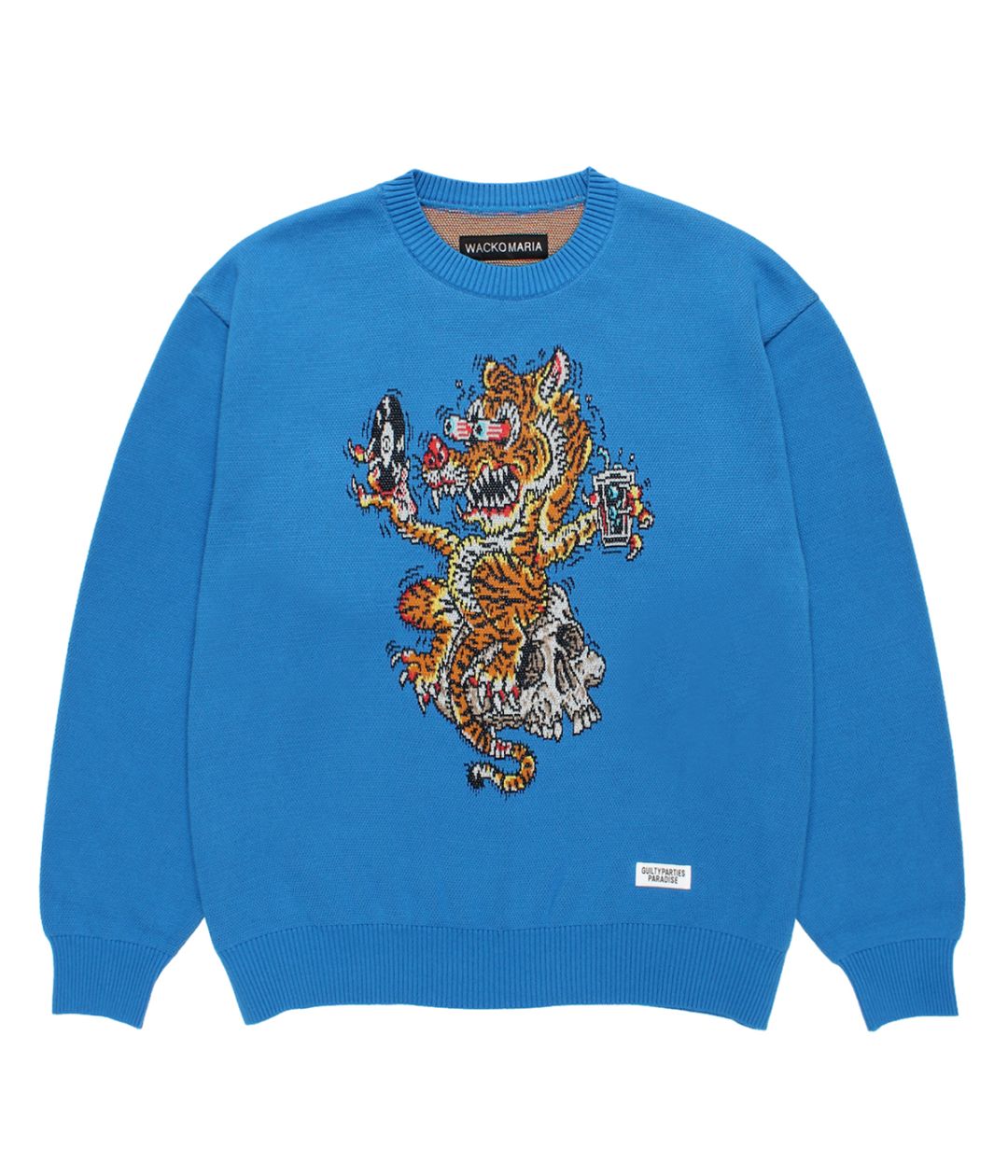 【最高カラー】ワコマリア　刺繍ロゴ入　シルク混ニットポロ　M WACKO MARIA/JACQUARD KNIT POLO SHIRT（BLUE）［ジャガードニットポロ